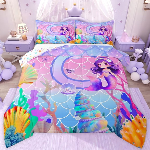 jejeloiu Cute Mermaid Twin Comforter Sets,Watercolor Letter C Bedding Set For Kids Girls Reversible 2pcs