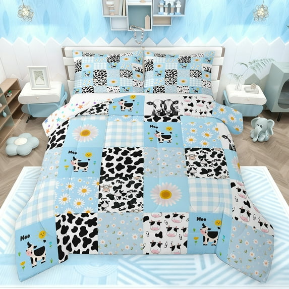 jejeloiu Cute Milk Cattle Bedding Comforter Set,Rustic Cow Print Twin Comforter Sets,Cute Flowers Floral Bedding Set For Kids,Ultra Soft Home Decor Reversible,2 Pieces