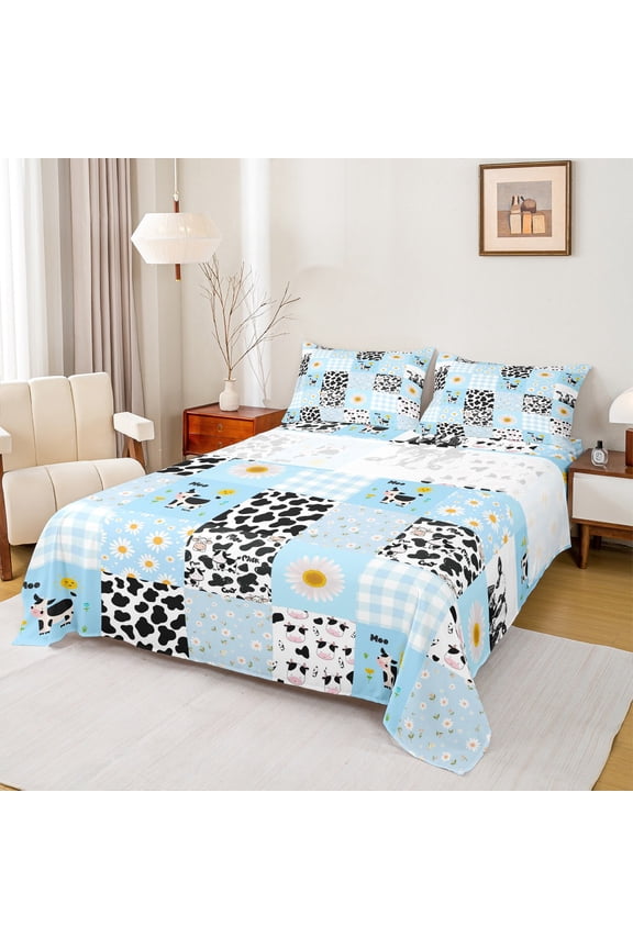 Cute Milk Cattle Queen Sheet Sets,Rustic Cow Print Flat Sheet,Cute Flowers Floral Queen Fitted Sheet For Kids,Ultra Soft Home Decor,4-Piece