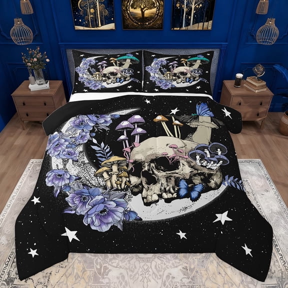 jejeloiu Cute Mushroom Flowers Bedding Comforter Set,Spooky Gothic Skull Twin Comforter Sets,Galaxy Starry Sky Bedding Set For Adults,Microfiber Bedroom Decor Reversible,2-Piece