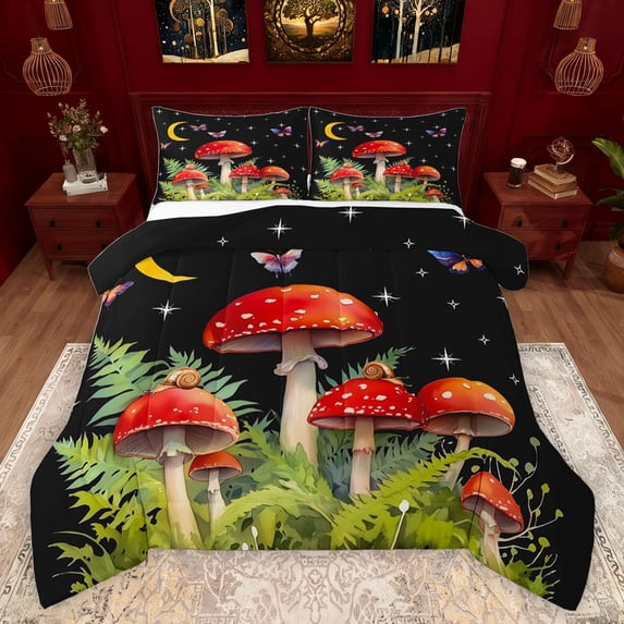 jejeloiu Cute Mushroom Full Size Comforter Sets,Country Botanical Leaf Bedding Comforter Set,Kawaii Purple Butterflies Bedding Sets For Girls Boy,Breathable Home Decor Reversible,3-Piece