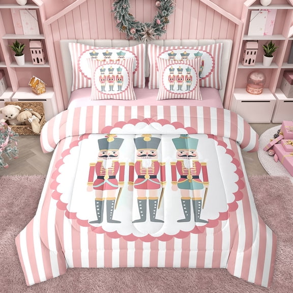 jejeloiu Cute Nutcracker 7-Piece Twin Bedding Sets,Pink Geometric Stripe Bedding Comforter Set,Merry Christmas Sheet Sets For Girls Kids,Breathable Home Decor Reversible