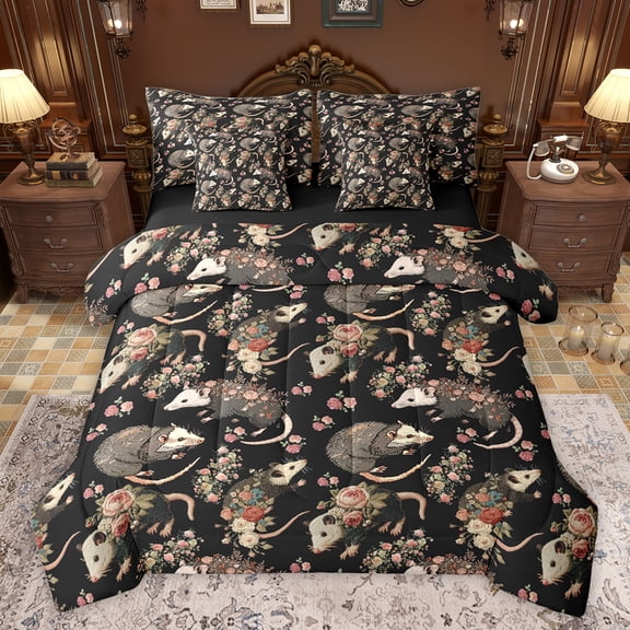 jejeloiu Cute Opossum 7-Piece Bedding Comforter Set,Kawaii Rustic Floral King Bedding Sets,Gray Black Bed Sheets For Girls Boys,Luxury Bedroom Decor Reversible