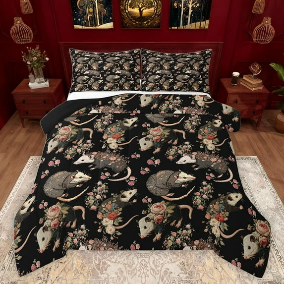 jejeloiu Cute Opossum Bedding Comforter Set,Kawaii Rustic Floral Twin Comforter Sets,Gray Black Bedding Set For Girls Boys,Luxury Bedroom Decor Reversible,2-Piece