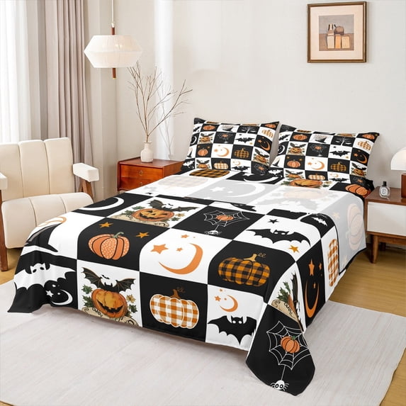 jejeloiu Cute Orange Pumpkin Full Size Sheets,Halloween Theme Bed Sheets,Bats Spider Sheet Sets For Children,Lightweight Room Decor,4-Piece
