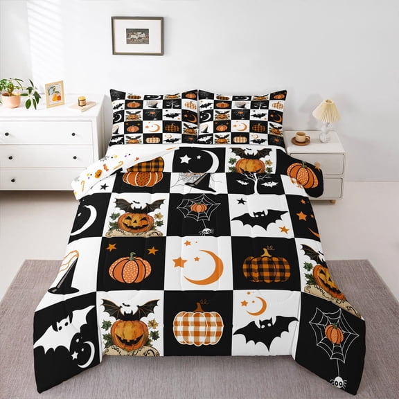 jejeloiu Cute Orange Pumpkin Queen Comforter Set,Halloween Theme Bedding Sets,Bats Spider Bedding Comforter Set For Children,Lightweight Room Decor Reversible,3 Pieces