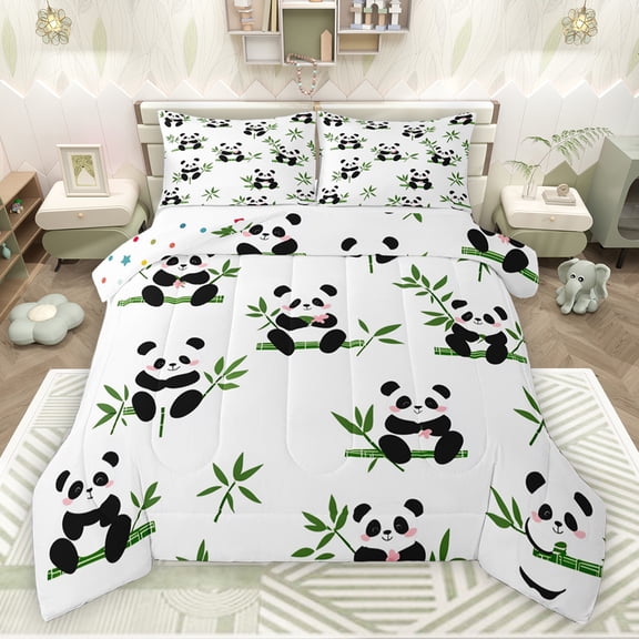 jejeloiu Cute Panda Full Size Comforter Sets,Zoo Animal Bedding Comforter Set,White Black Green Bedding Sets For Boys Girls,Ultra Soft Home Decor Reversible,3pcs