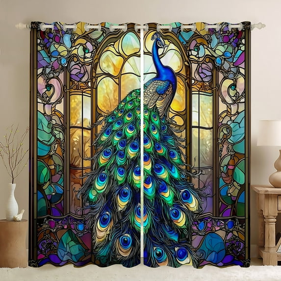 jejeloiu Cute Peacock Blackout Curtains,Boho Bohemian Curtains Pack of 2 (38x45 Each),Vintage Glass Window Curtains For Kids,Super Cozy Room Decor