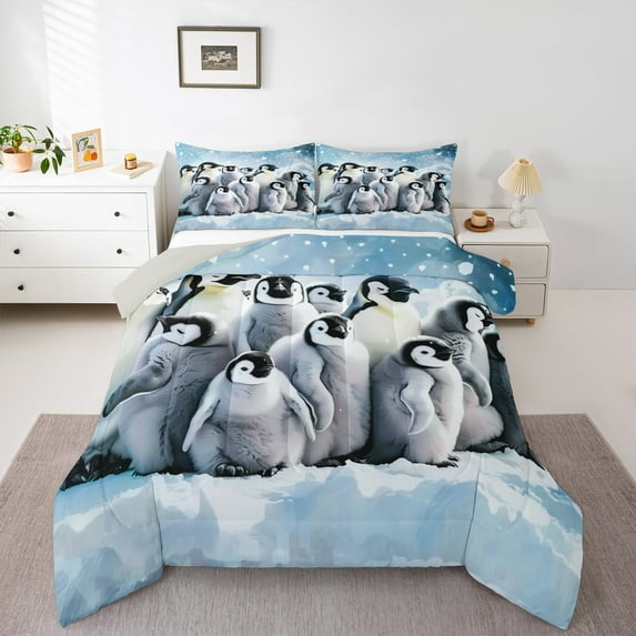 jejeloiu Cute Penguin Full Size Comforter Sets,Wild Animal Bedding Comforter Set,Gray Blue Bedding Sets For Boys Girls,Luxury Bedroom Decor Reversible,3 Pieces