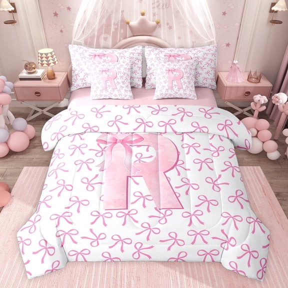 jejeloiu Cute Personalized Gifts 7-Piece Twin Bedding Sets,First Letter R Bedding Comforter Set For Bow Lover Reversible