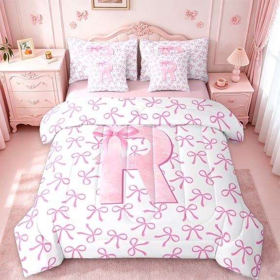 jejeloiu Cute Personalized Gifts 7-Piece Twin Bedding Sets,First Letter R Bedding Comforter Set For Bow Lover Reversible