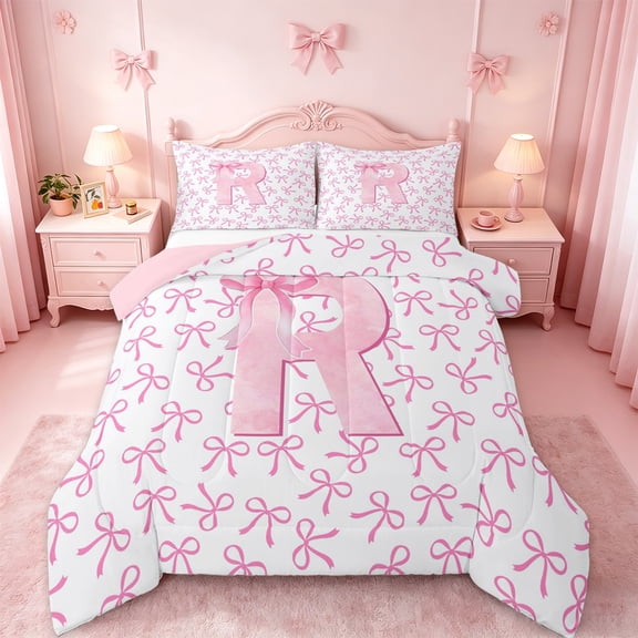 jejeloiu Cute Personalized Gifts Full Size Comforter Sets,First Letter R Bedding Sets For Bow Lover Reversible 3-Piece