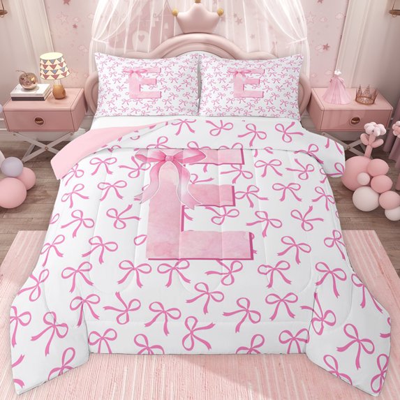 jejeloiu Cute Personalized Gifts Queen Comforter Set,First Letter E Bedding Comforter Set For Bow Lover Reversible 3-Piece