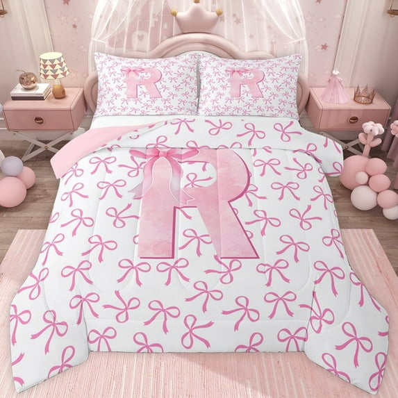 jejeloiu Cute Personalized Gifts Twin Comforter Sets,First Letter R Bedding Set For Bow Lover Reversible 2pcs