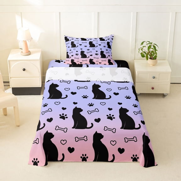 jejeloiu Cute Pet Animals Kitten Twin Sheet Sets For Kids,Gradient Cat Silhouette Bedding For Girl,3-Piece