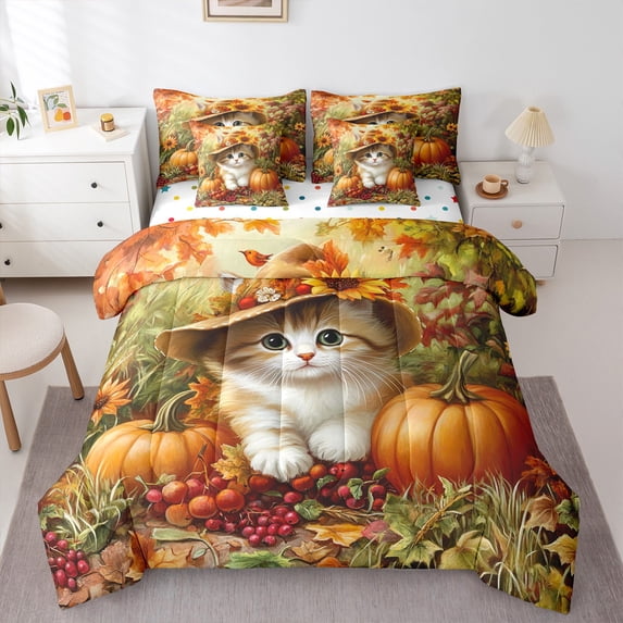 jejeloiu Cute Pet Cat Bedding Comforter Set 7 Pieces,Autumn Harvest Pumpkin Full Bedding Set,Rustic Fruit Berry Fitted Sheet Flat Sheet For Girl Boys,Microfiber Bedroom Decor Reversible