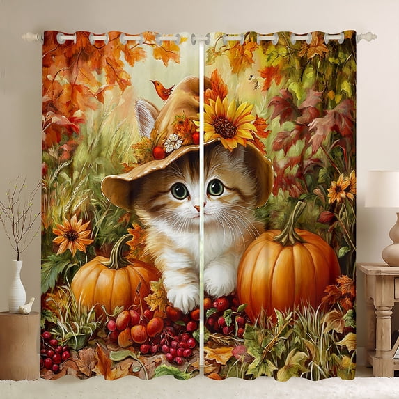jejeloiu Cute Pet Cat Curtains Pack of 2 (42x84 Each),Autumn Harvest Pumpkin Curtains Blackout,Rustic Fruit Berry Bedroom Curtains For Girl Boys,Microfiber Bedroom Decor
