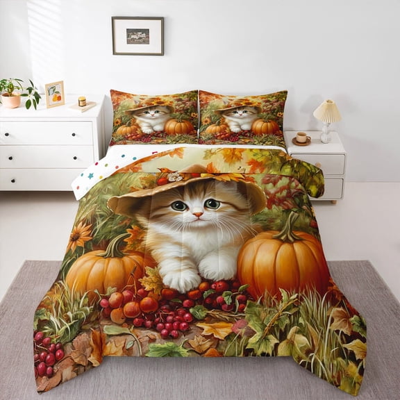 jejeloiu Cute Pet Cat Queen Comforter Set,Autumn Harvest Pumpkin Bedding Sets,Rustic Fruit Berry Bedding Comforter Set For Girl Boys,Microfiber Bedroom Decor Reversible,3 Pieces