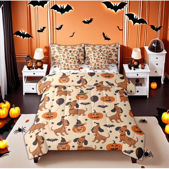 jejeloiu Cute Pet Dachshund Bedding Comforter Set 7-Piece,Halloween Bats Pumpkin King Bedding Sets,Black Witch'S Hat Bed Sheets For Boys Kids,Microfiber Bedroom Decor Reversible