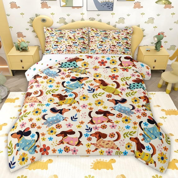 jejeloiu Cute Pet Dachshund Full Size Comforter Sets,Kawaii Flowers Blossom Bedding Sets For Girls Boys Reversible 3pcs