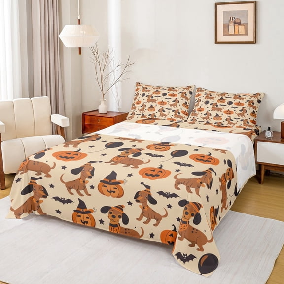 jejeloiu Cute Pet Dachshund Queen Sheet Sets,Halloween Bats Pumpkin Flat Sheet,Black Witch'S Hat Queen Fitted Sheet For Boys Kids,Microfiber Bedroom Decor,4pcs