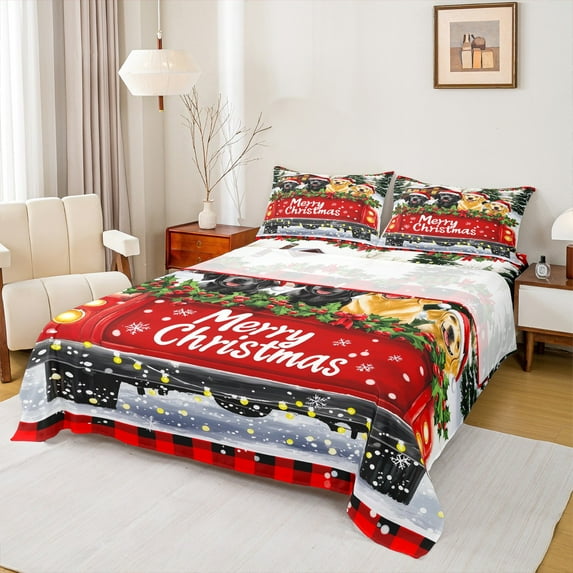 jejeloiu Cute Pet Dogs Twin Sheet Sets,Merry Xmas Twin Fitted Sheet,Red Berry Kawaii Bow Tie Flat Sheet For Girls Boys,Breathable Home Decor,3pcs