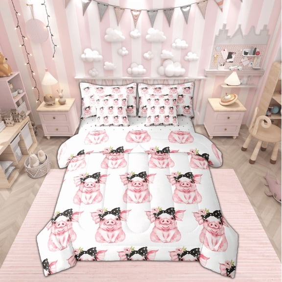 jejeloiu Cute Pig Bedding Comforter Set 7pcs,Farm Animal Queen Bedding Sets,Black Dot Bowtie Queen Sheet Sets For Child,Lightweight Room Decor Reversible