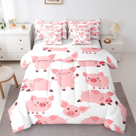 jejeloiu Cute Pig Bedding Comforter Set 7pcs,Rustic Farm Animal Queen Bedding Sets,Pink White Queen Sheet Sets For Girls Boys,Microfiber Bedroom Decor