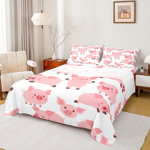 jejeloiu Cute Pig Twin Sheet Sets,Rustic Farm Animal Twin Fitted Sheet,Pink White Flat Sheet For Girls Boys,Microfiber Bedroom Decor,3 Pieces