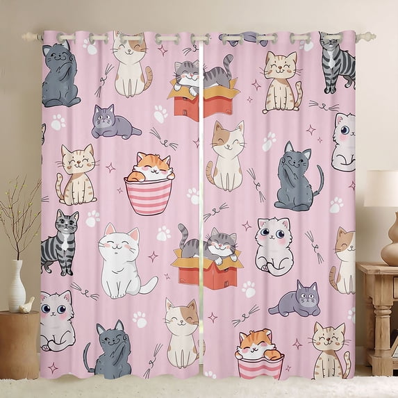 jejeloiu Cute Pink Cat Cartoon Blackout Curtains Set of 2 (52x84 Each) Kids,Kawaii Kitten Print Window Curtains For Girls