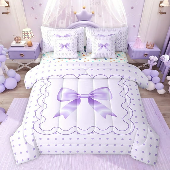 jejeloiu Cute Polka Dot 7-Piece Bedding Comforter Set,Girl Purple Bowknot King Bedding Sets For Teens Reversible
