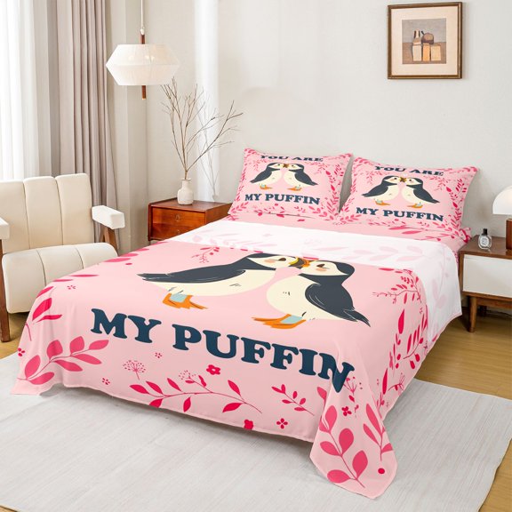 jejeloiu Cute Puffin Couple Bird Bed Sheets Kids,Pink Floral King Sheets For Girls,4-Piece