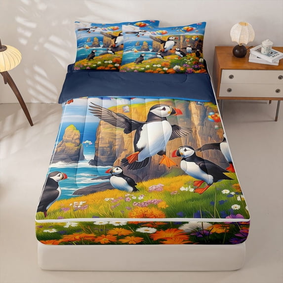 jejeloiu Cute Puffin Zipper Twin Comforter Sets with Fitted Sheet and 2 Pillowcases Kids,Watercolor Seaside Floral Balloon Party Zipper Bedding Set For Girls,Reversible,4-Piece