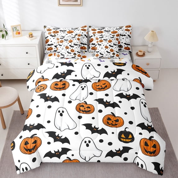 jejeloiu Cute Pumpkin Lantern 7pcs Bedding Comforter Set,Halloween Theme Ghost Queen Bedding Sets,Black Bats Queen Sheet Sets For Boys Girls,Breathable Home Decor Reversible