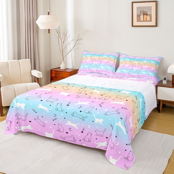 jejeloiu Cute Puppy Dogs Twin Sheet Sets,Colorful Gradient Stripes Bedding For Girls Kids 3 Pieces