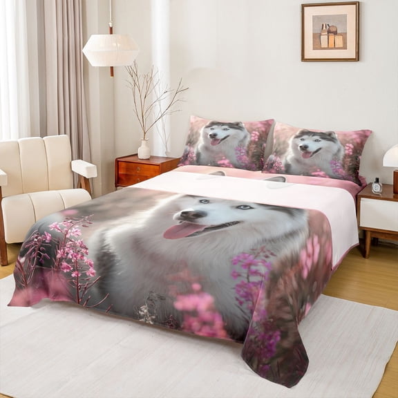 jejeloiu Cute Puppy Dogs Twin Sheet Sets,Pink Flowers Blossom Bedding For Girls Boys 3pcs