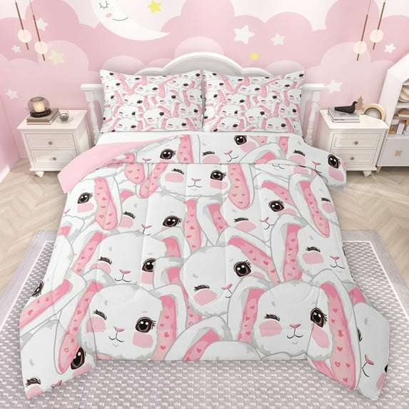 jejeloiu Cute Rabbit Full Size Comforter Sets,Kawaii Loves Pattern Bedding Comforter Set,White Pink Bedding Sets For Girls,Breathable Home Decor Reversible,3-Piece