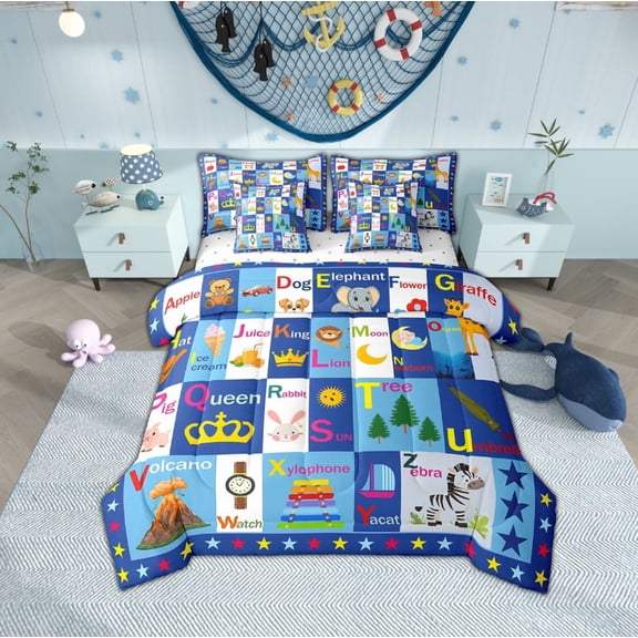 jejeloiu Cute Rabbit Zebra Bedding Comforter Set,7pcs,Kawaii Zoo Animal Queen Bedding Sets,Cartoon Geometric Grid Queen Sheet Sets For Children,Lightweight Bedroom Decor Reversible