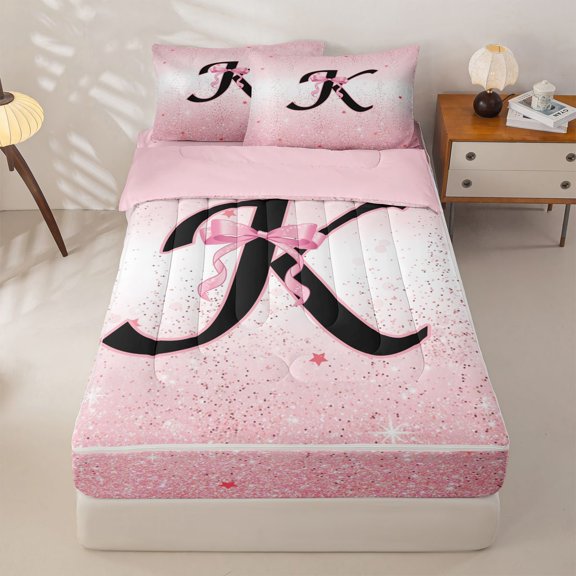 jejeloiu Cute Ribbon Bow Zipper Twin Comforter Sets with Fitted Sheet and 2 Pillowcases For Kids,Girls Personalized Initial Letter K Zipper Bedding Set,Pink Reversible,4-Piece