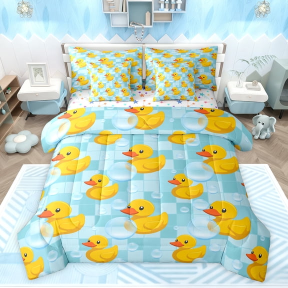 jejeloiu Duck Geometric Twin 7-Piece Reversible Kids Luxury Cute Abstract Cartoon Animal Check Bedding Set
