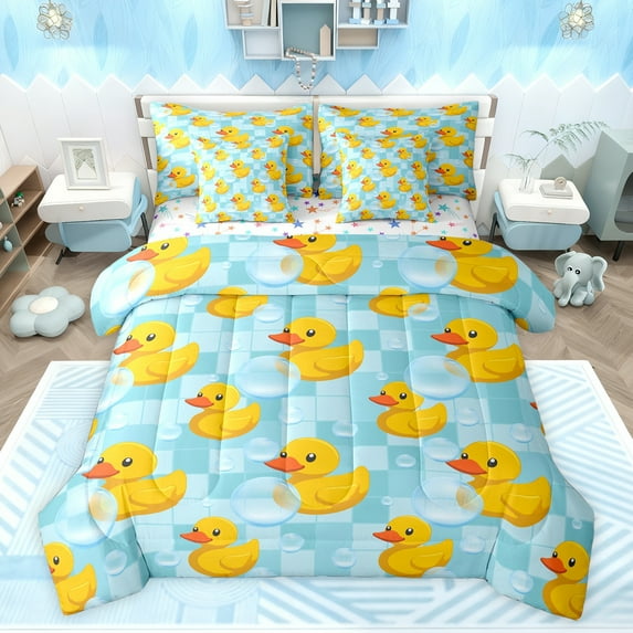jejeloiu Cute Rubber Ducks 7 Pieces Bedding Comforter Set,Abstract Geometric Check Full Bedding Set,Cartoon Animal Fitted Sheet Flat Sheet For Kids,Luxury Bedroom Decor Reversible