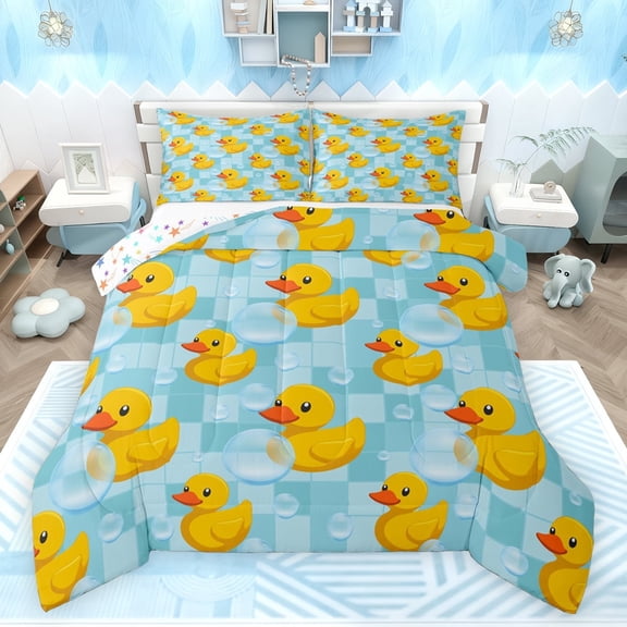 jejeloiu Cute Rubber Ducks Queen Comforter Set,Abstract Geometric Check Bedding Sets,Cartoon Animal Bedding Comforter Set For Kids,Luxury Bedroom Decor Reversible,3-Piece