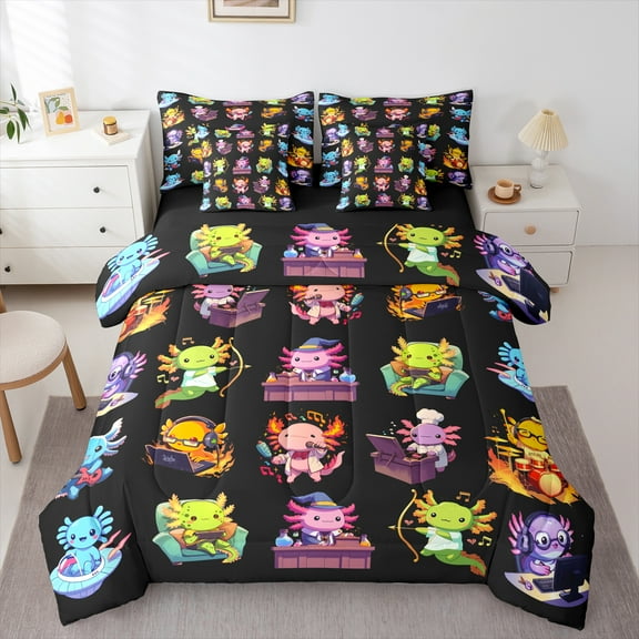 jejeloiu Cute Salamander 7-Piece Twin Bedding Sets,Underwater Animal Bedding Comforter Set,Colorful Axolotl Sheet Sets For Boys Kids,Super Cozy Room Decor Reversible