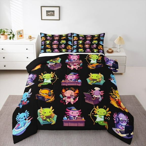 jejeloiu Cute Salamander Bedding Comforter Set,Underwater Animal Twin Comforter Sets,Colorful Axolotl Bedding Set For Boys Kids,Super Cozy Room Decor Reversible,2-Piece