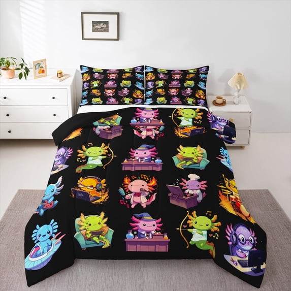 jejeloiu Cute Salamander Full Size Comforter Sets,Underwater Animal Bedding Comforter Set,Colorful Axolotl Bedding Sets For Boys Kids,Super Cozy Room Decor Reversible,3 Pieces