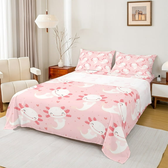 jejeloiu Cute Salamander Full Size Sheets,Underwater Animal Bed Sheets,Pink Kawaii Axolotl Sheet Sets For Boys Kids,Super Cozy Room Decor,4-Piece