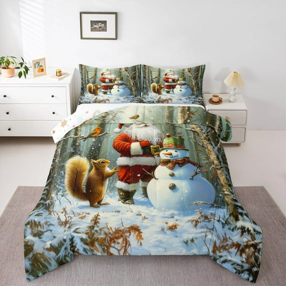 jejeloiu Kawaii Squirrel Cute Santa Claus Christmas Snowmen Twin Comforter Set,Reversible Lightweight Room Decor,2pcs