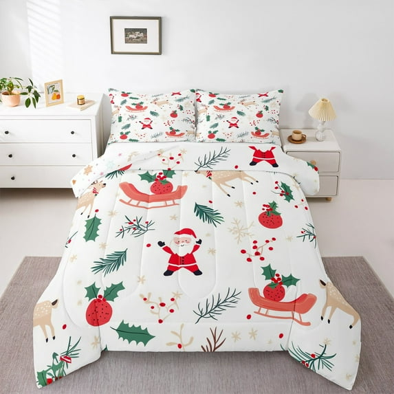 jejeloiu Cute Santa Claus Bedding Comforter Set,Merry Christmas Twin Comforter Sets,Xmas Reindeer Tree Bedding Set For Girls,Breathable Home Decor Reversible,2 Pieces