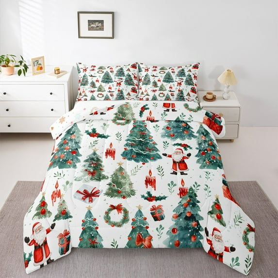jejeloiu Cute Santa Claus Full Size Comforter Sets,Happy New Year Bedding Comforter Set,Christmas Tree Gifts Bedding Sets For Children,Super Cozy Room Decor Reversible,3pcs