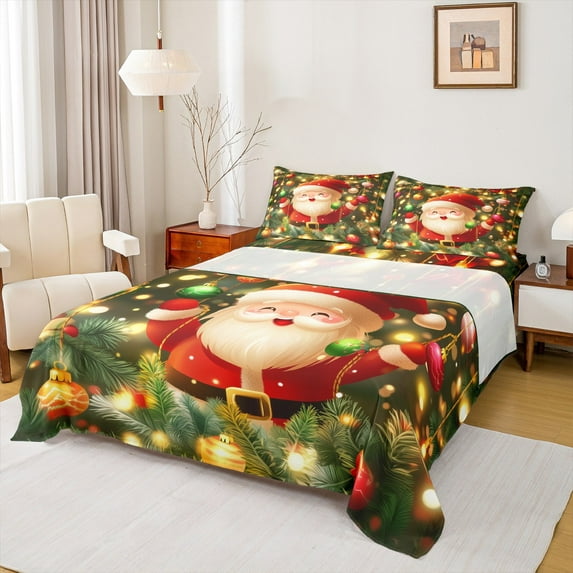 jejeloiu Cute Santa Claus Full Size Sheets,Merry Christmas Bed Sheets,Xmas Balls Tree Sheet Sets For Girls Boys,Lightweight Room Decor,4pcs